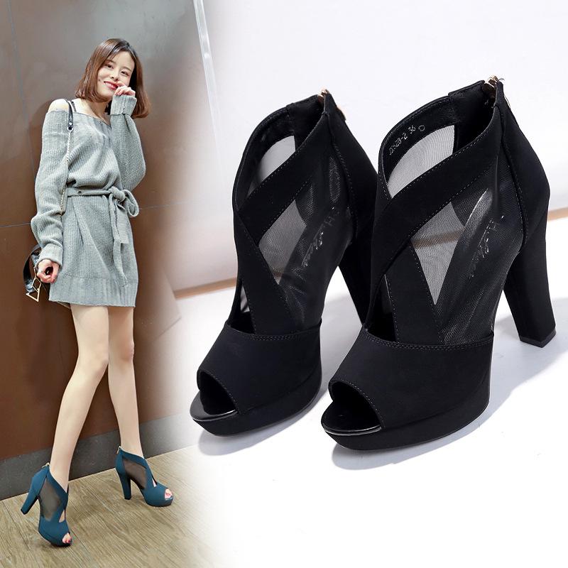 Women's Sandals Summer New Mesh Breathable High Heels Women's Shoes European and American Style Thick Heel Fish Mouth Sandals Women