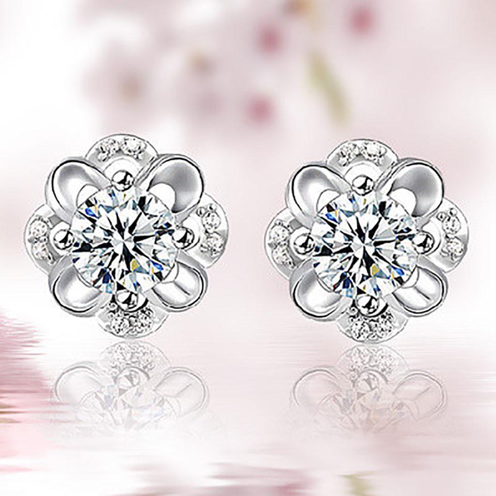 Womens Korean Fashion Elegant 925 Silver Plated Vintage Mini Simple Anti-allergy Zircon Crystal Hollow Out Flower Ear Studs Earrings Jewelry Love Gift