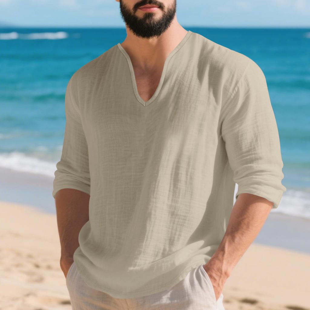 Men's Cotton-Linen Long-Sleeve Deep V-Neck Top, Lightweight Casual Shirt