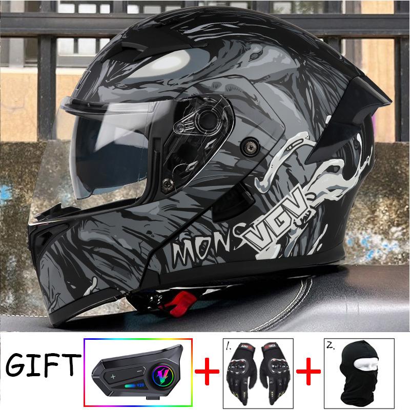 VGV Double Lens flip up helmet Openable motorcycle helmet come with wireless headset gloves headgear Value Promotional Packages