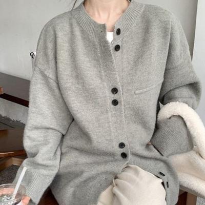 Gray Loose Lazy Wind Knitted Cardigan Women's Spring and Autumn Soft Waxy Sweater Jacket Design Top