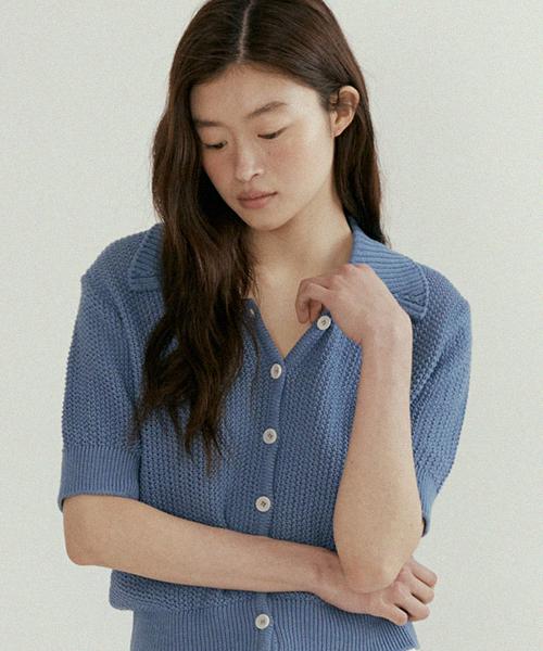 Lingseoul Open Collar Cotton Knit-Blue