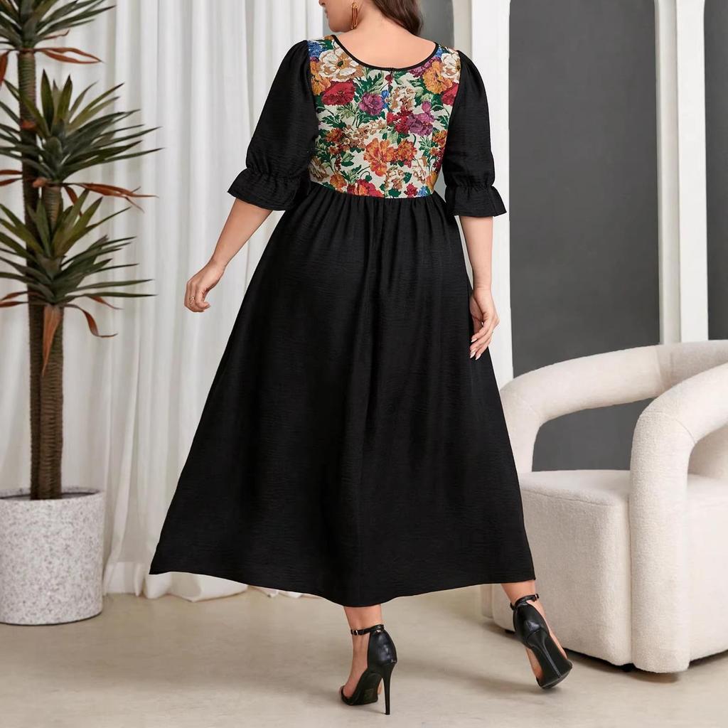 Ready Stock Plus Size Retro French Print Patchwork Dress - Long Sleeve Autumn/Winter Women's Skirt