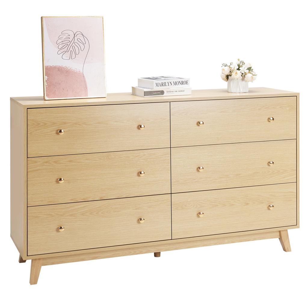 VEVOR 6 Drawer Dresser, Wooden Chest of Drawers with Sliding with Anti-tip Device, Modern Minimalist Dresser Chest