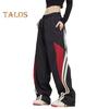 Women Pants Elastic High Waist Adjustable Drawstring Wide-Leg Vertical Stripe Stitching Pants Retro Street Style Sport Trousers