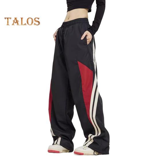 Women Pants Elastic High Waist Adjustable Drawstring Wide-Leg Vertical Stripe Stitching Pants Retro Street Style Sport Trousers