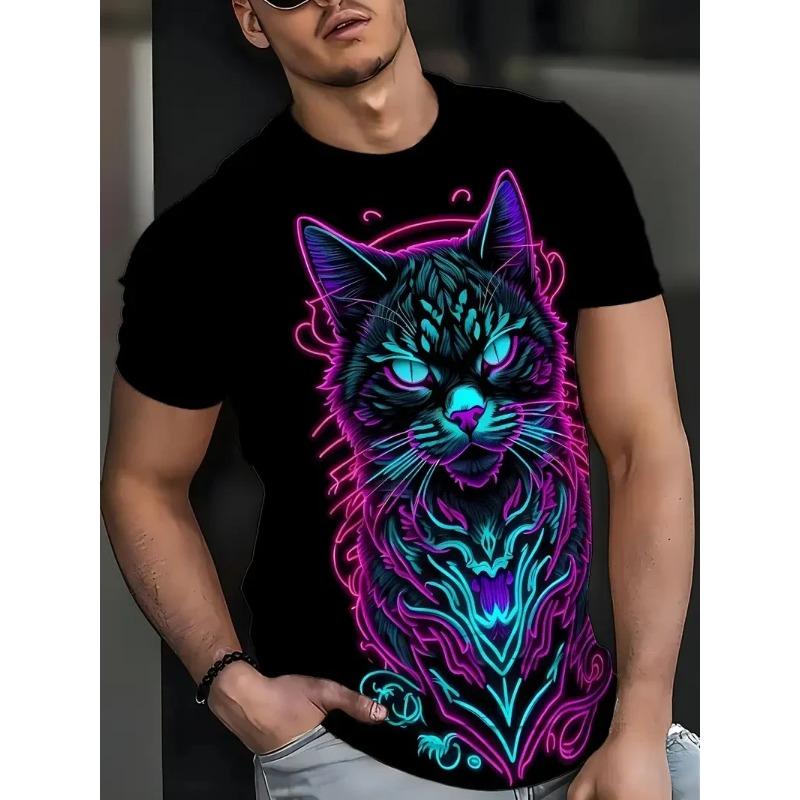 Summer Outdoor Fashion Round Neck Tops 3D Animal Cat Pattern Print Large Size Loose Men's T-shirts