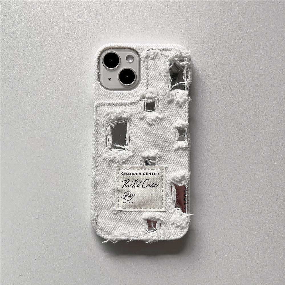 Džínový kryt na iPhone s otvorem pro zrcátko pro 15/14/13 Pro, 12/11 - Kreslená tvrdá ochrana