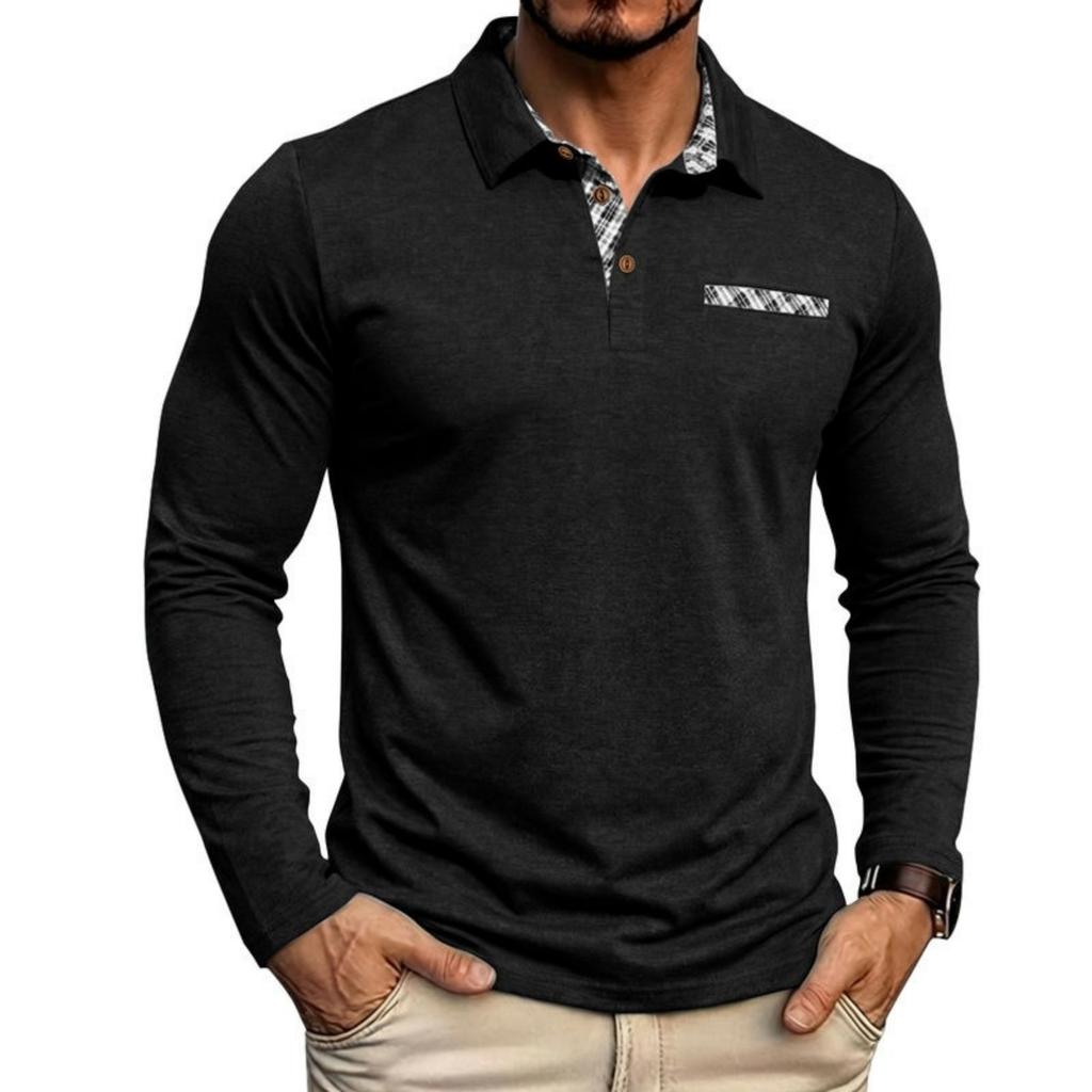 Men Long Sleeve Polo Shirt Casual Button Down Collar Pocket Design Classic Fit T Shirt Breathable Fabric Soft Material