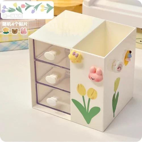 Kawaii Desk Pen Holder Pencil Storage Box Desktop Stationery Ins Organizing Box Cute Drawer Pen Holder MultiFunctional Organizer