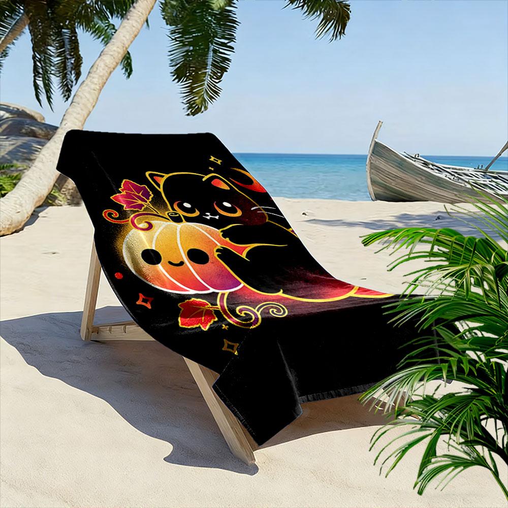 Spooky Glowing Feline Charm Print Beach Towel, Quick Drying, Suitable for Travel, Outdoor Sports, Jogging, the Beach and Swimming, Gift