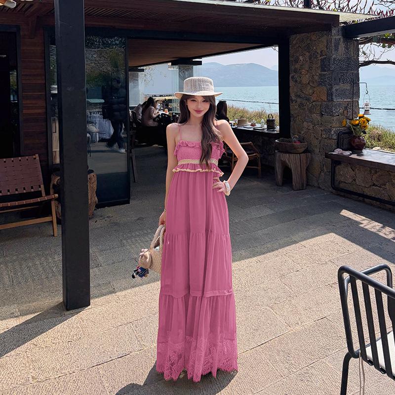 French temperament resort chiffon dress women's Sanya seaside long dress lace splicing beach photo skirt