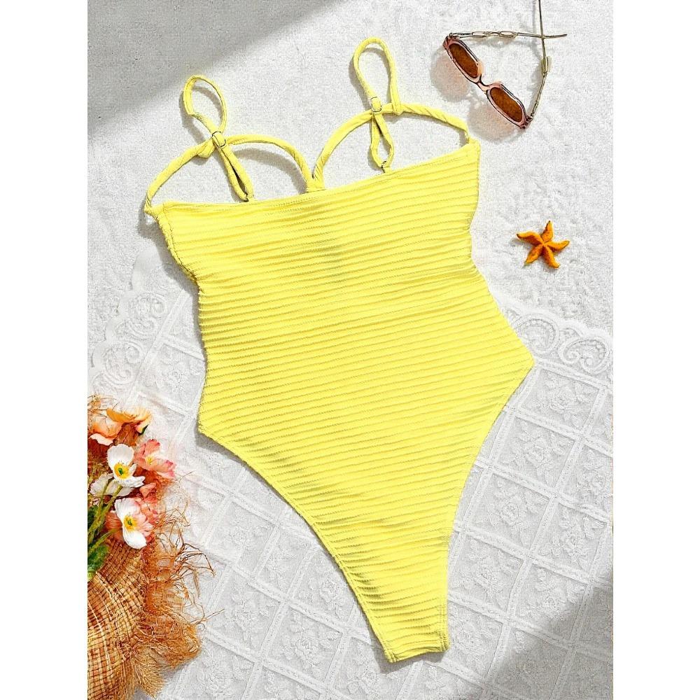 Sexy Yellow Swimwear Women 2026 Hollow Out Cross Slim Tummy Control One Piece Swimsuit Beach Backless Bathing Suit Monokini