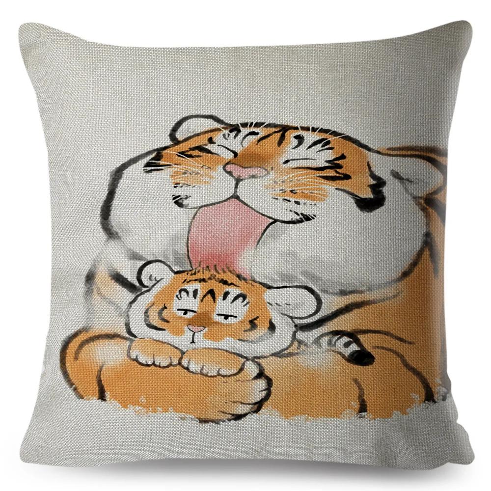 Funny Fat Tiger Cushion Cover Decor Cute Cartoon Animal Pillow Case for Sofa Home Car Linen Chinese Ink Throw Pillowcase