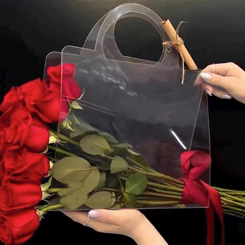 1Pc Transparent Pet Fresh Flower Bouquet Handbag Flowers Wrapping Handbag Festivals Party Rose Package Portable Packing Bag