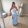 2026 New European and American Cross-border Women's Leisure Vacation Style Elegant Striped Neck Strap Backless Long Dress