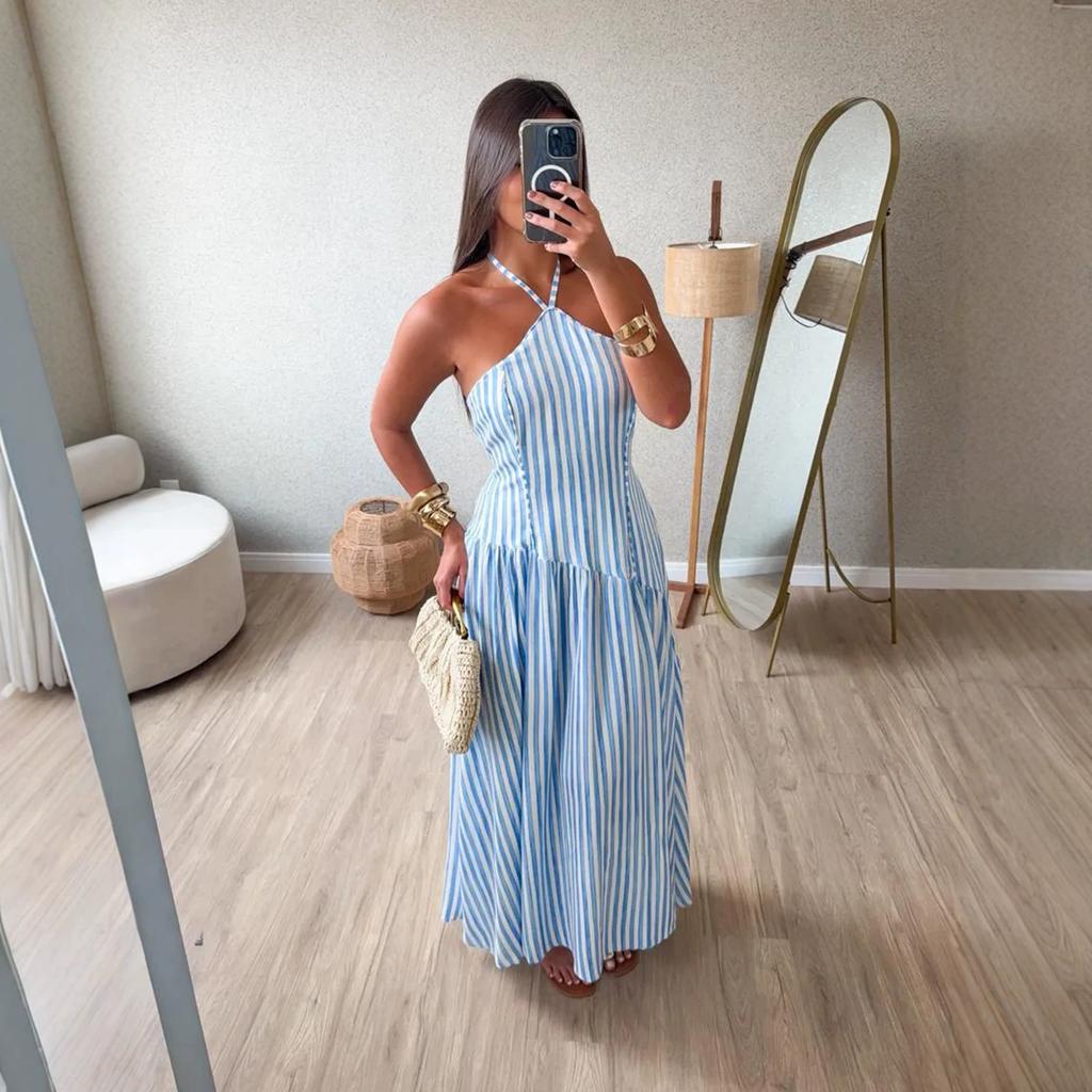 2026 New European and American Cross-border Women's Leisure Vacation Style Elegant Striped Neck Strap Backless Long Dress