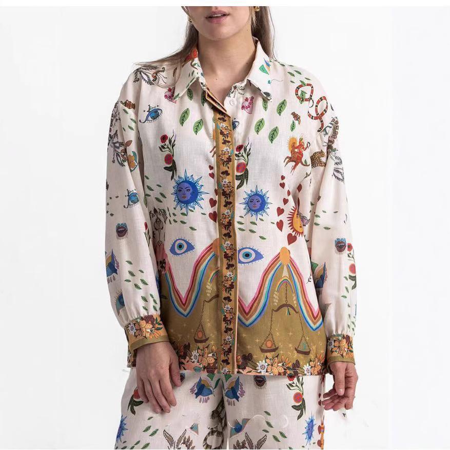 Autumn and winter new European and American positioning printing fashionable versatile loose trousers shirt + thin trousers two-piece set