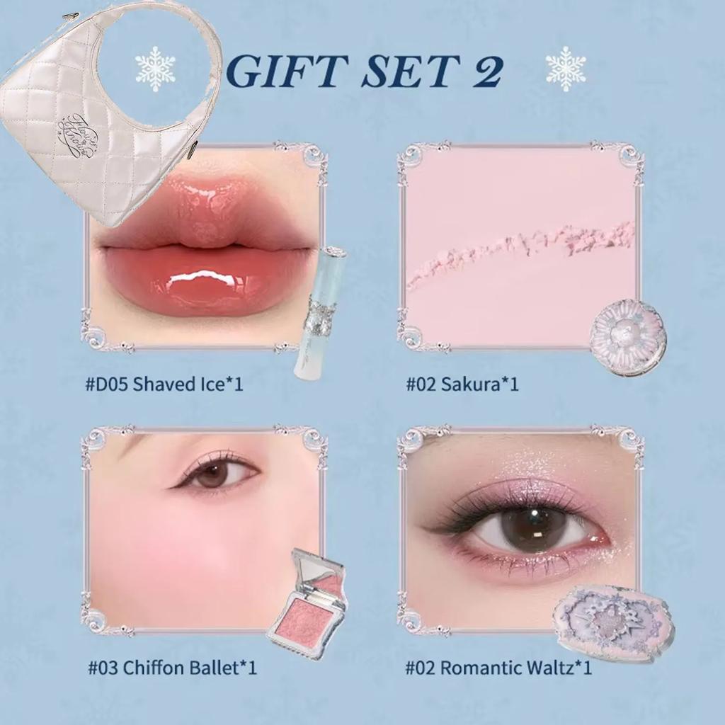 Flower Knows Snow Ballet Weihnachten Make-up Geschenkset Lidschatten, Rouge, Lipgloss Fixierpuder mit Kosmetiktasche Schönheitskollektion