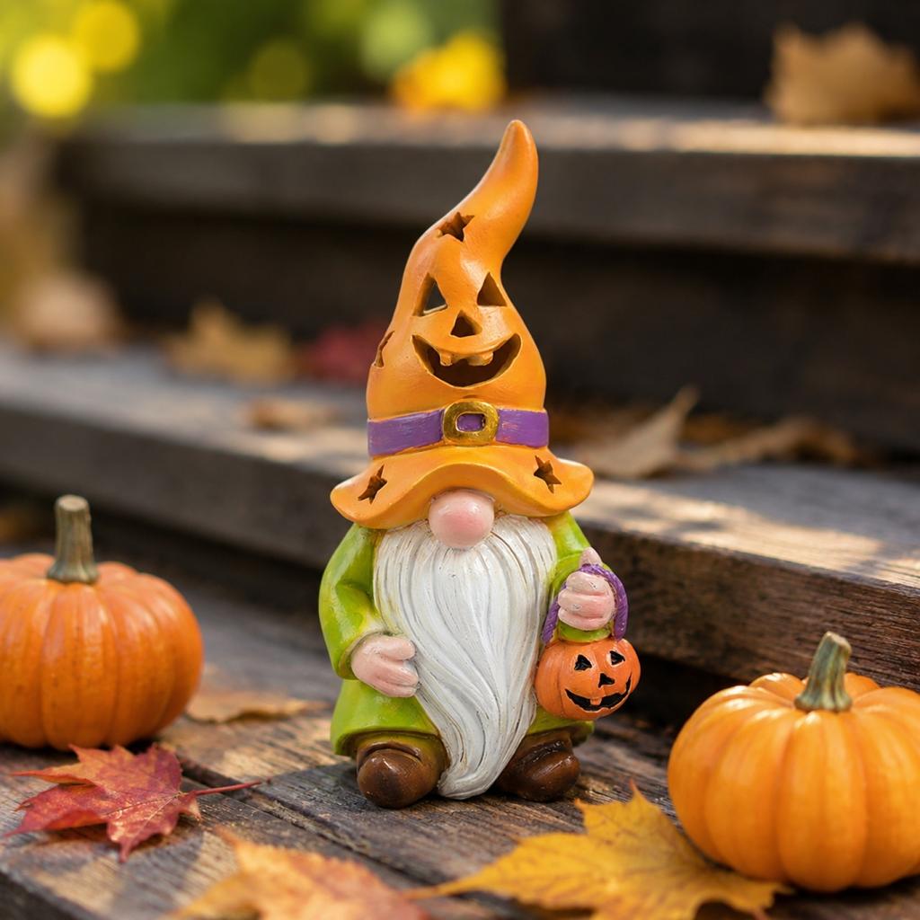 Garden Gnome Statue Halloween Decoration Resin Gnome Figurine Sitting Pose Pumpkin Elf Ornament Outdoor Indoor Display