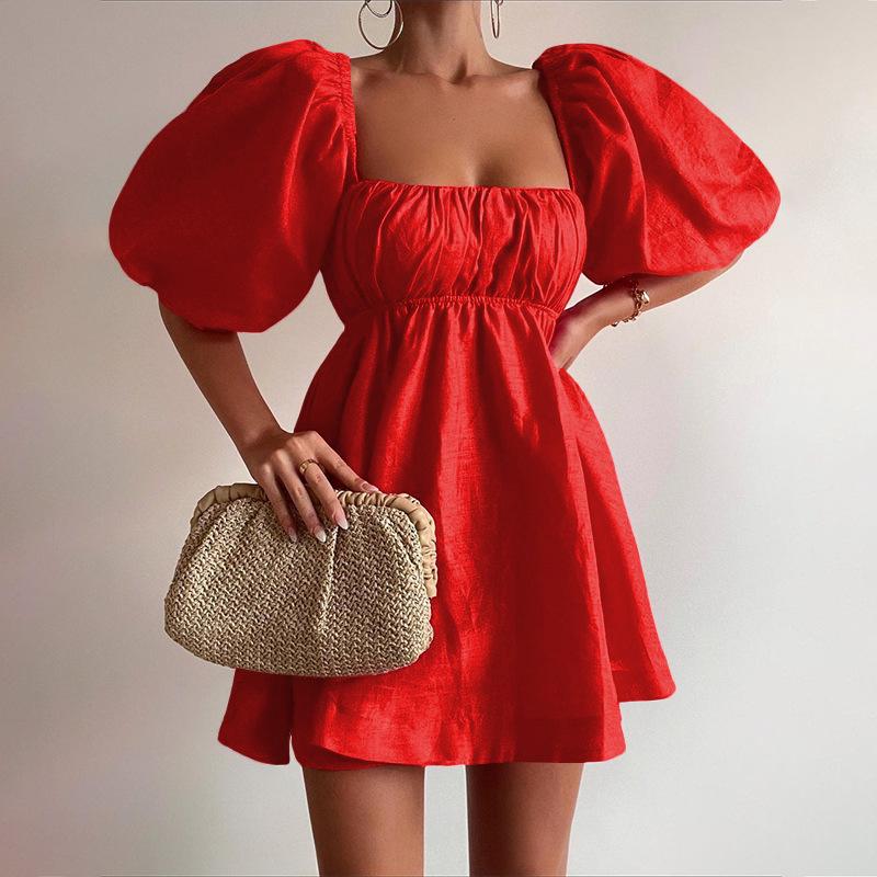 Spring new women s fashionable square collar puff sleeve cotton-linen dress S