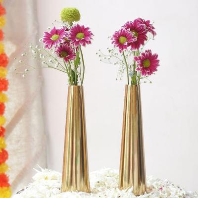 Golden Metal Slim Cone Flower Vase for Home Decor Bedroom Living Room Office Wedding Table Decorative (Flower Not Included) Small (Set of 2)