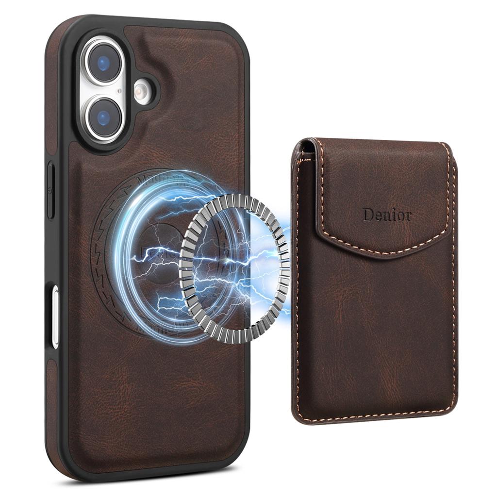 DENIOR D19 For iPhone 16 Magnetic Case Leather+PC+TPU Cover with Detachable Card Bag
