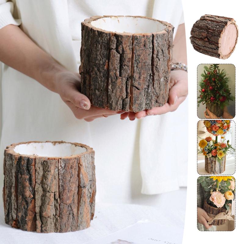Christmas Bark Barrel Succulent Plants Flower Vase Packaging Barrel Flower Pot Dried Flower Box Xmas Decor Vintage Candle Holder