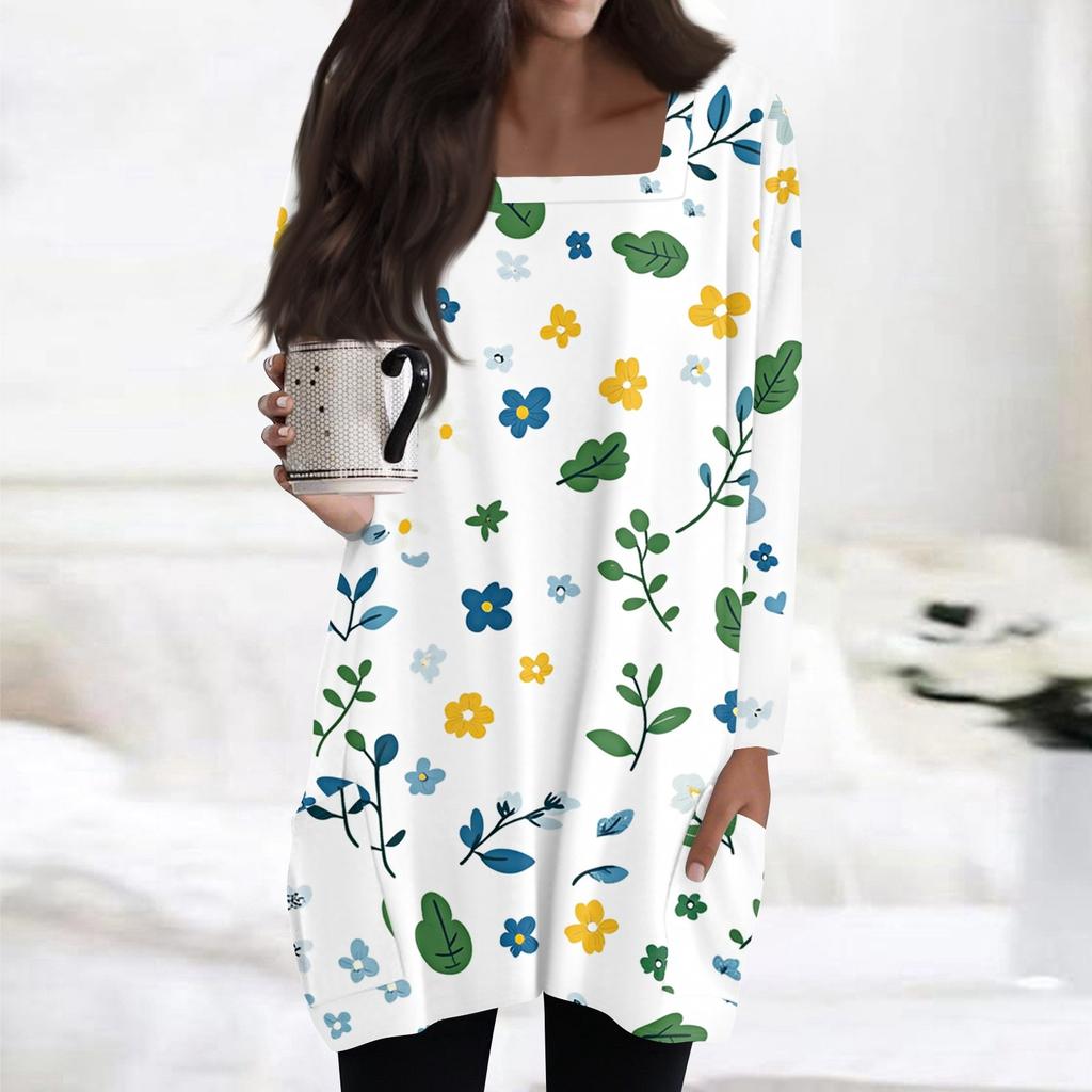 Womens Tops Square Collar Long Sleeve Blouses Casual Mid-length Shirts Fashion Print Tunic Tops With Pockets