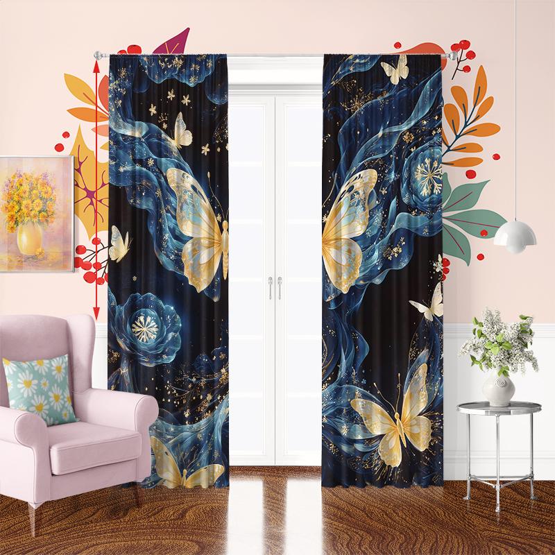 Beautiful Butterfly -2 pieces - printed curtain, 100% polyester material, suitable for home decoration