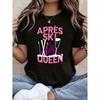 Women's Apres Ski Queen Theme T-Shirt - Ski & Champagne Slogan Decor Casual Short Sleeve, Pink-Purple Sweet-Cool Elegant Skier Vacation Top