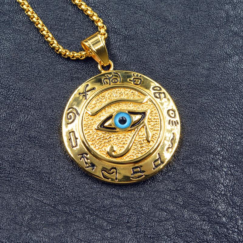 Hip Hop Altes Ägypten Runde Schmuckstücke Collares Goldfarbe Edelstahlkette Ägyptisches Auge des Horus Halsketten & Anhänger
