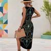 Women Plus Size Sleeveless U Neck Black Printed Dress High Side Slit Curved Hem