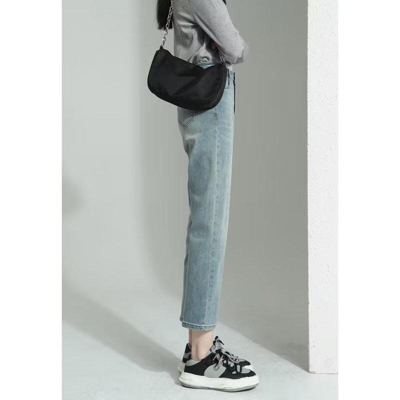 2025 Spring/Autumn Women's High Waist Straight Leg Jeans - Slimming Light Tone Cropped Cigarette Pants