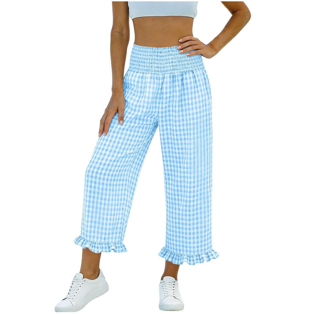 Women's Fashion Ruffle Hem Tartan Pocketed Pleated High-Waisted 9/10 Straight Leg Sporty Loose Casual Pants