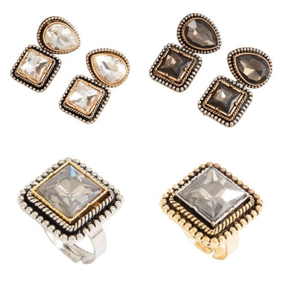 Fashion Women Rhinestone Geometry Earrings/Rings, Vintage Water Drop Earrings/Square Rings, Elegant Earrings/Rings for Women Party