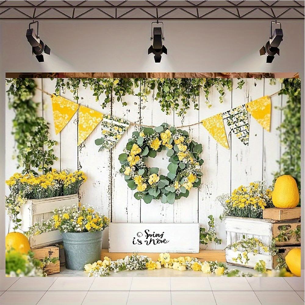 2D plan view, 1 lemonade stand background, decorated with spring flower patterns - yellow