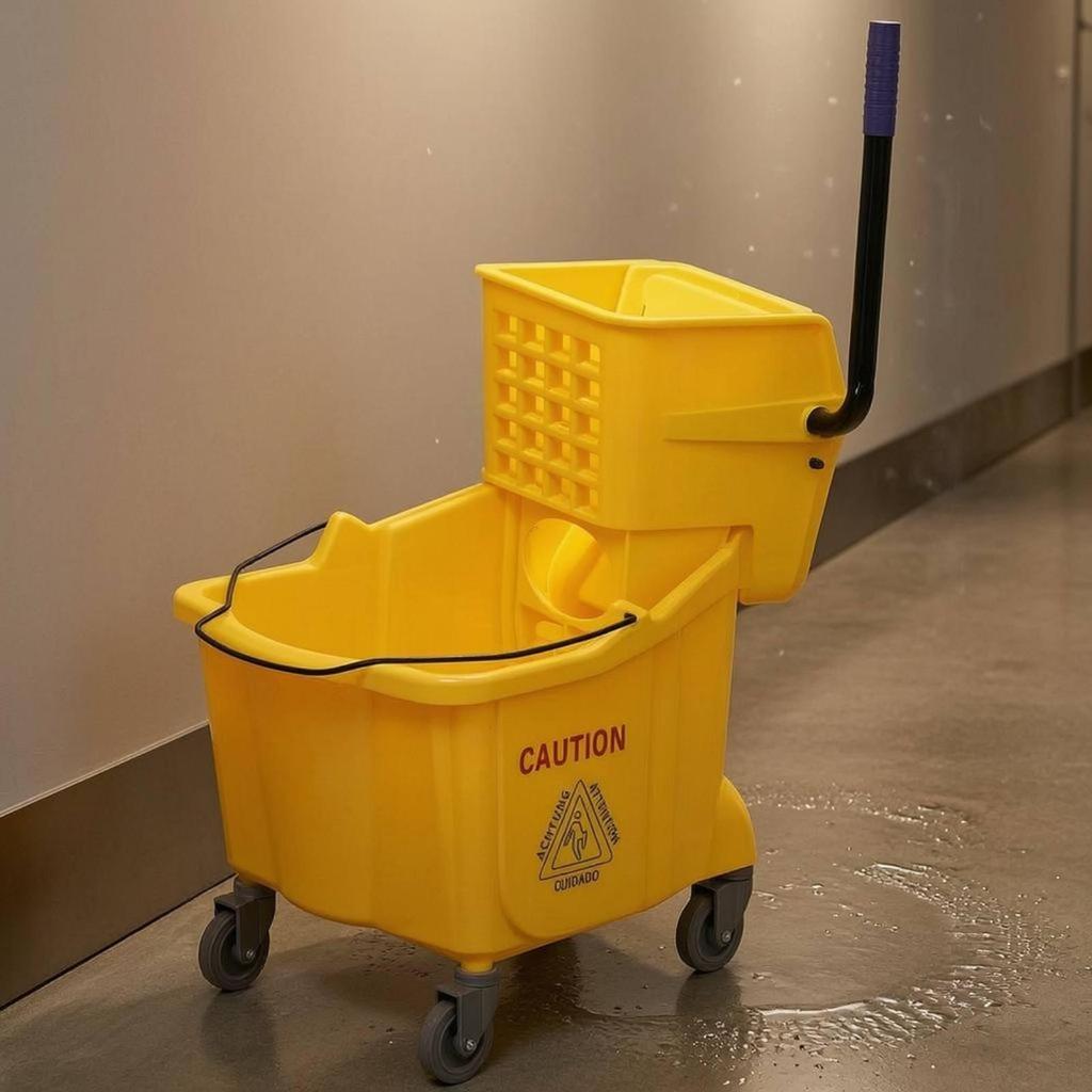Mop Wringer Pail Cart Metal Handle Floor Warning Graphic