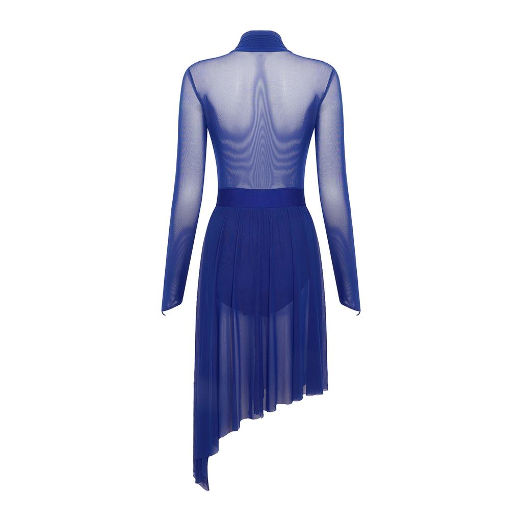 Damen Lyrical Tanzkleid S-XXL: Transparenter Netzstoff Langarm mit glitzernden Strasssteinen & Eingearbeiteten Schrittknöpfen Höschen Rüschen Design