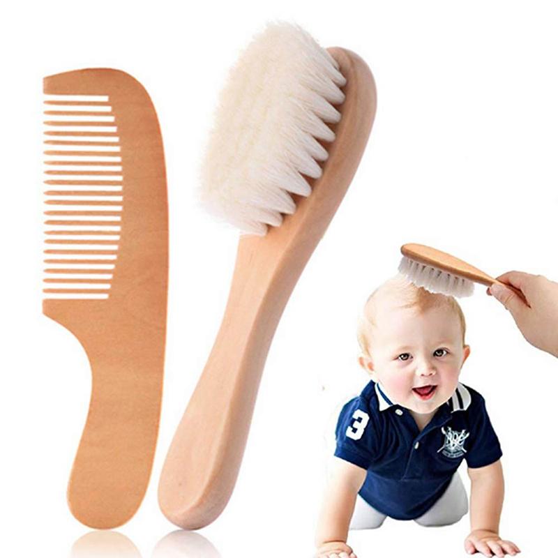 Conjunto de 2 peças de pentes para bebês, escova de cabelo para cuidados com o bebê, pente de lã macia de faia, massageador para recém-nascidos, chá de bebê e presente, calmante para cabelos de bebês