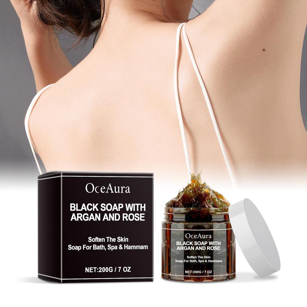 Schwarze Seife mit Argan und Rose Beldi Seife Ideal für Entfernung abgestorbener Haut Körperpeeling Reinigend Tiefenreinigung 200g/7 Oz