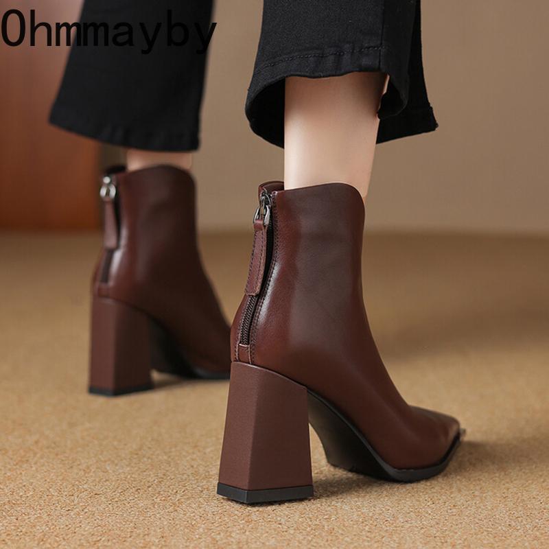 Design Metal Pointed Toe Women Ankle Boot Fashion Thick Heels Shoes  Spring Ladies Short Booties