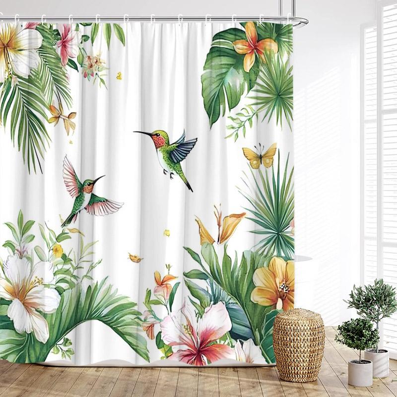 Tropical Hummingbirds Shower Curtains Green Gold Palm Monstera Leaves Flowers Bath Curtain Polyester Fabric Home Bathroom Decor