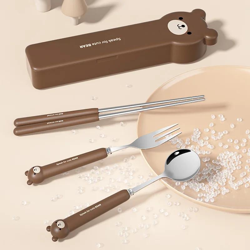 Cartoon Bear Cutlery Set with Case Stainless Steel Kids Fork Spoon Portable Cutlery Set Travel Tableware Reusable Flatware