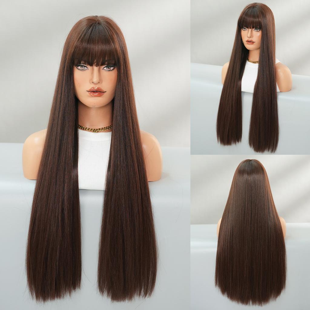 New Highlighted Brown Long Straight Wig for Women - Full Bangs One-Length Cut JK Schoolgirl Style Rejuvenating Daily Wear Full Cap Wig