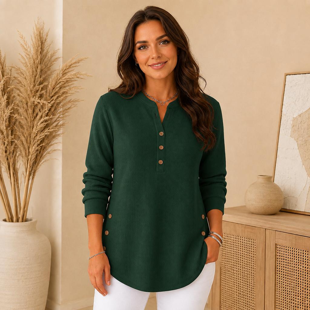 Ladies Daily Henley Style Knit Top, Long Sleeve Notch Neck Button Blouse, Curved Hem Side Buttons Loose Tunic for Street & Home Outfit