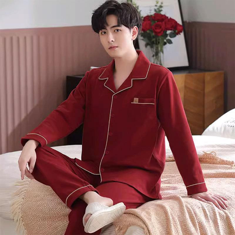 Herren Leichter Luxus Minimalistischer Pyjama - Frühling/Herbst, Langarm, Cardigan, Baumwollimitat, Lässig, Einfach, Lockere Passform, Große Größen Homewear.