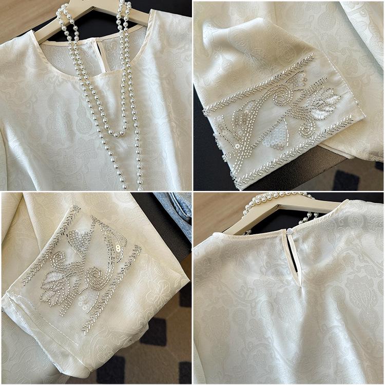 Women's Chinese Style Jacquard Embroidery Satin Shirt - Loose Fit, Round Neck