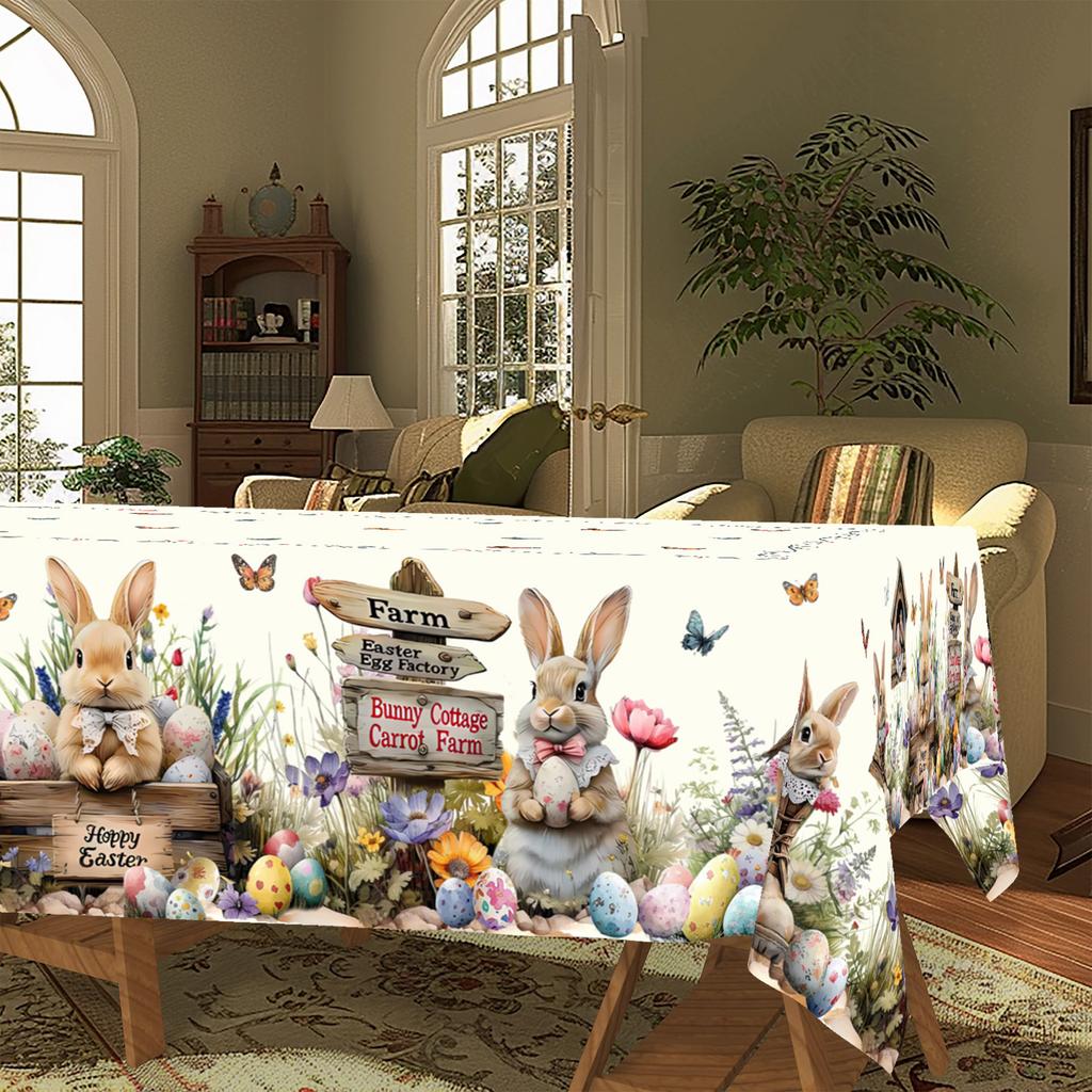 1pc Easter Bunny & Egg Tablecloth, Wrinkle-Resistant, Machine Washable, Scalloped Edge, Animal Print, Rectangle for Home, Picnic