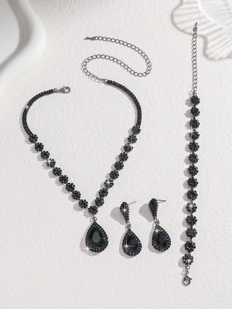 European and American Suit Formal Dress for Wedding Event. Waterdrop Zirconia Necklace, Bracelet, Earrings and Bracelet Set.